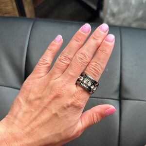 Black and Silver Ring with Crystals